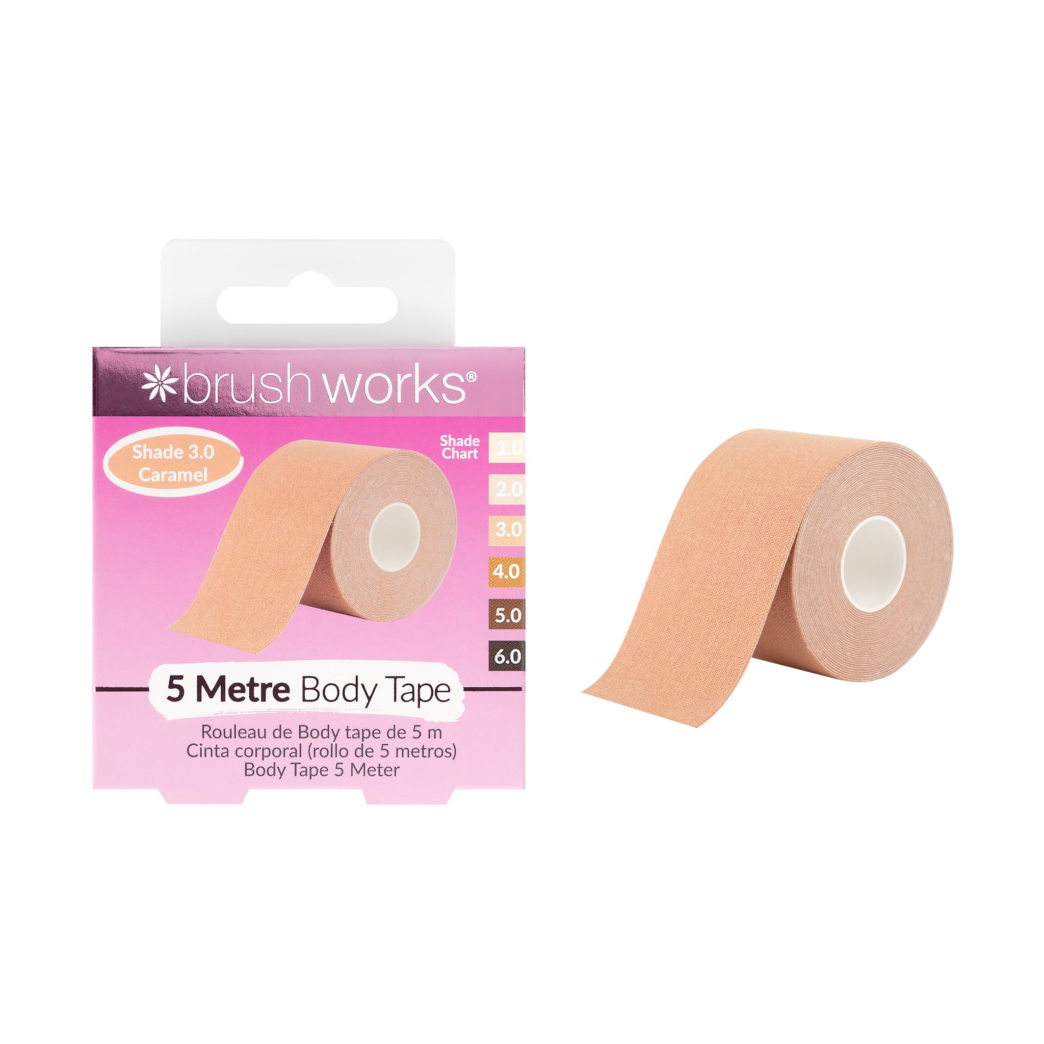 Brushworks Body Tape Shade 3.0 Caramel – Nude Stretchy Body & Breast Lift Tape for Long-Lasting Support & Invisible Hold, 5m Roll, Comfortable & Skin-Friendly Bra Tape, Vegan & Cruelty-Free
