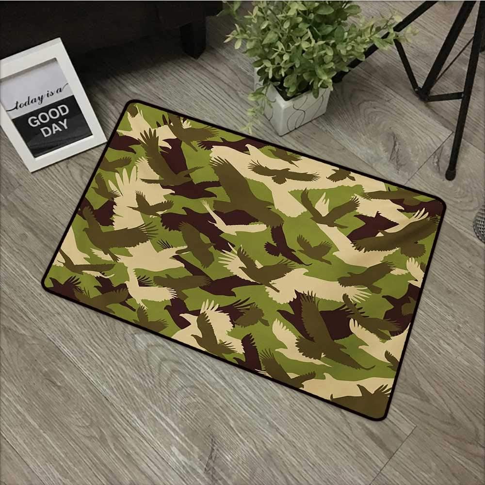 Bathroom Door mat W35 x L47 INCH Camo,Eagle Silhouettes Flying Open Wings Falcon Hawk Armed Forces Theme,Army Green Dark Brown Cream Easy to Clean, Easy to fold,Non-Slip Door Mat Carpet