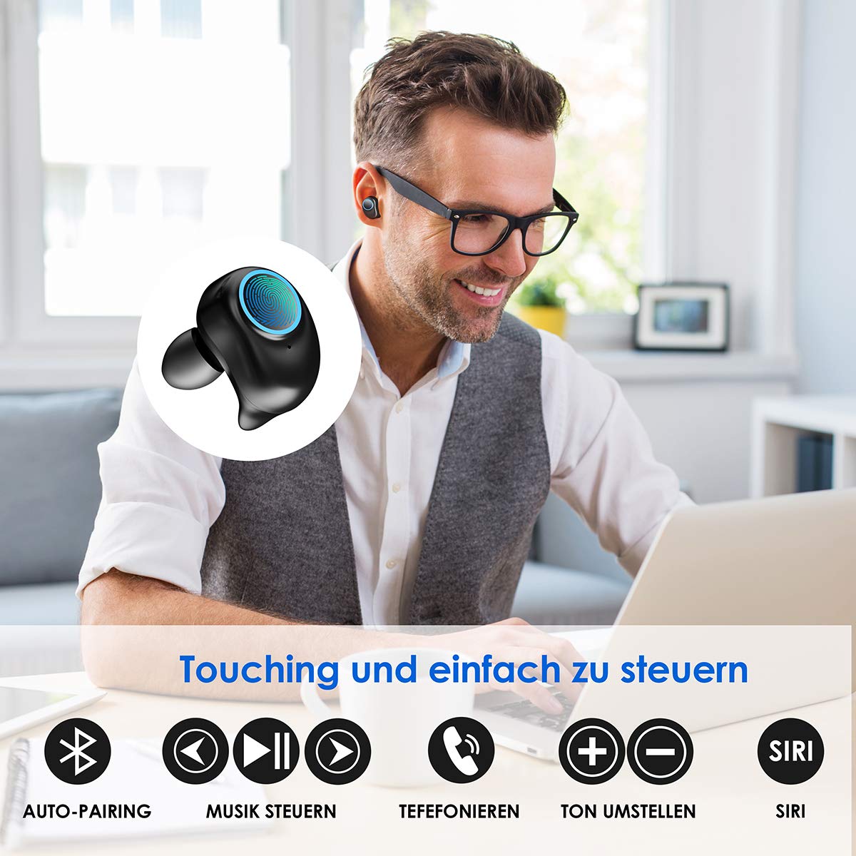 Bluetooth Kopfhörer, WU-MINGLU Bluetooth 5.0 Kopfhörer in Ears Kabellose HiFi Headset IPX5 Wasserdicht Ohrhörer Stereo-Sound Earbuds für alle Bluetooth Geräte, Sport, Entspannung