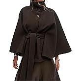 Hooever Women Batwing Sleeve Ponchos Pea Coat Wool Bland Stand Collar Jacket Winter Cropped Overcoat