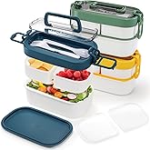 Covzoe 3 Pack Stackable Bento Box, Leakproof Adults Lunch Box with Spoon Fork, Portable 3 Compartments Food Storage Snack Containers with Handle for Dinner out Work Picnic, Microwave Safe