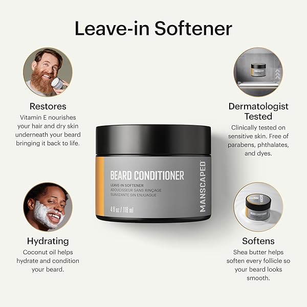 MANSCAPED® ULTRAPREMIUM BEARD CONDITIONER, LEAVE-IN SOFTENER WITH NOURISHING OILS AND ANTIOXIDANTS, SHEA BUTTER, EUCALYPTUS, LAVENDER, COCONUT OIL HYDRATES & RESTORES MOISTURE, (4 OZ)