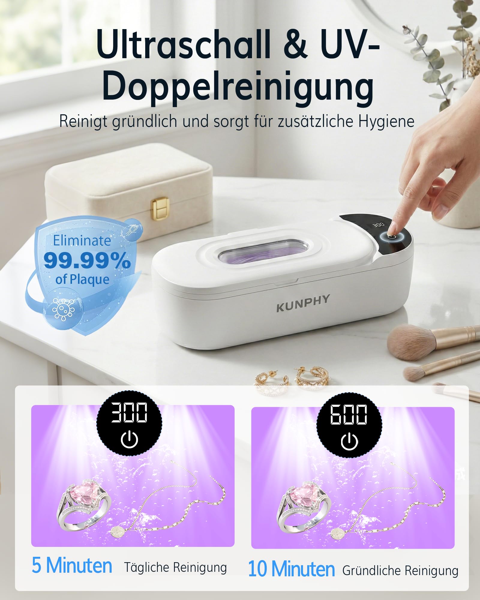 KUNPHY Ultraschallreinigungsgerät mit U-V – Brillenreinigungsgerät 400ml(20Oz) 48kHz, Ultrasonic Cleaner mit digitalem Dual-Modus-Display(5/10min), Ultraschallreiniger für Brille, Schmuck, Uhren 3