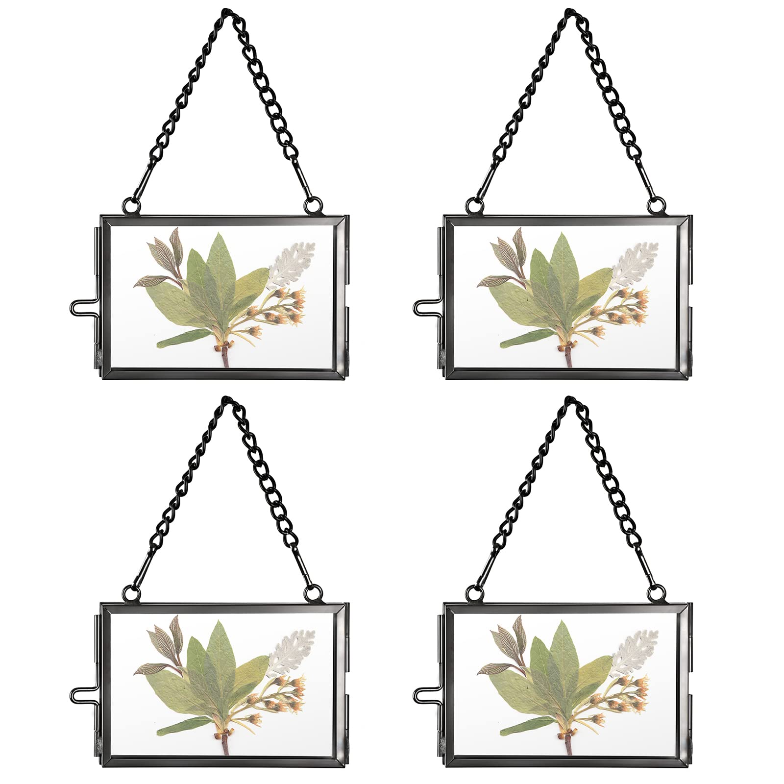 SUMTree Set of 4 Black Glass Mini Hanging Photo Picture Display Frame, Floating Glass Picture Frame with Chain for Family Tree Mini Photo, Gallery Wall Art Work, Pressed Flower, etc, 3x2 inch