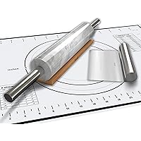 Fistukit White Marble Rolling Pin with Stainless Steel Handles Baking Set - Silicone Baking Mat, Bench Scraper, Wooden Base-