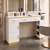 Oakvera Salon Station for Hair Stylist, Freestanding Barber Desk (White) | 2 Cabinets, 3 Drawers &amp; Open Storage Shelves, Professional Hair Salon Furniture for Salon, Spa &amp; Beauty, without Mirror