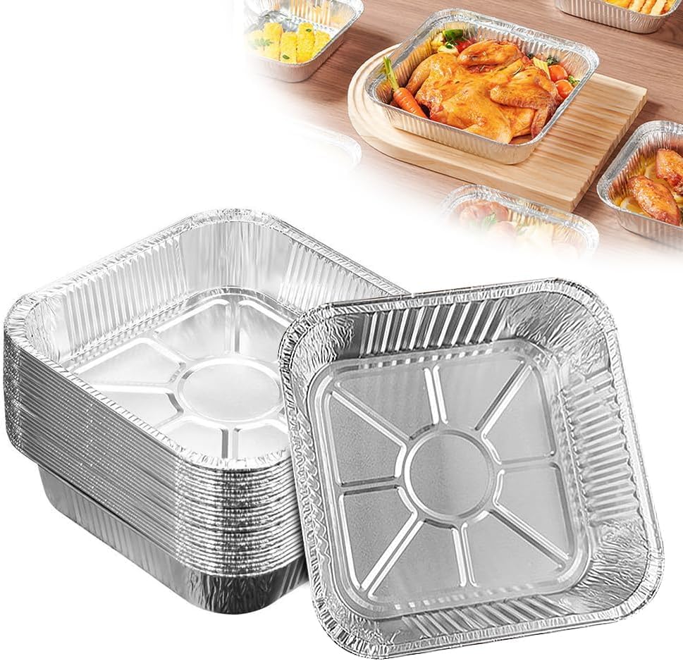DAJASD Aluminium Foil Trays - 50PCS 8 Inch Disposable Square Baking Trays, Containers for Baking, Cooking, Oven, Air Fryer