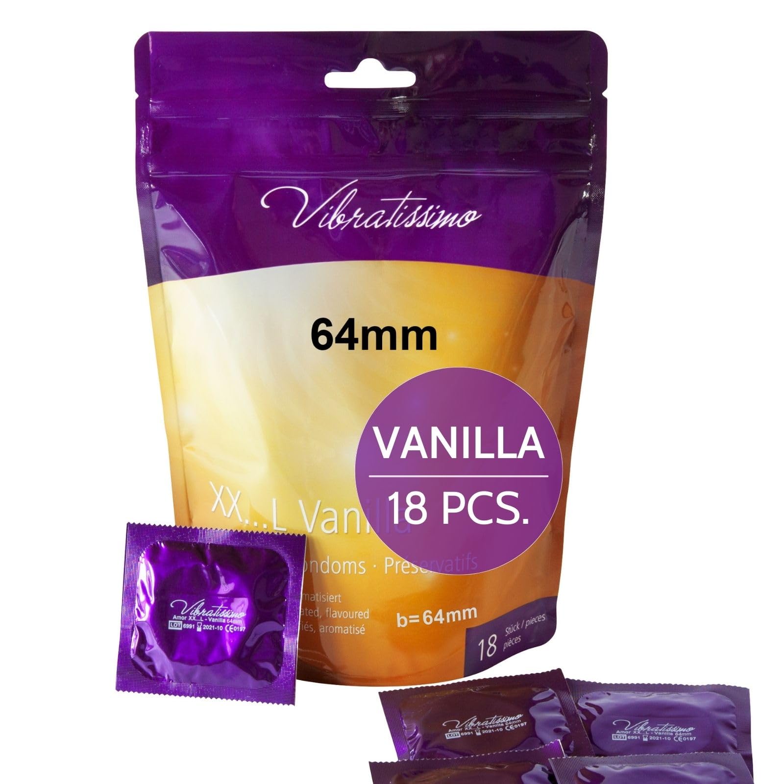 VIBRATISSIMO XXL Vanilla Condoms 18-Pack I Premium Kondoms with Aroma I for Men I Vanilla Flavored with Thin Wall Thickness & Aromatized I Thin Feel I w=64mm
