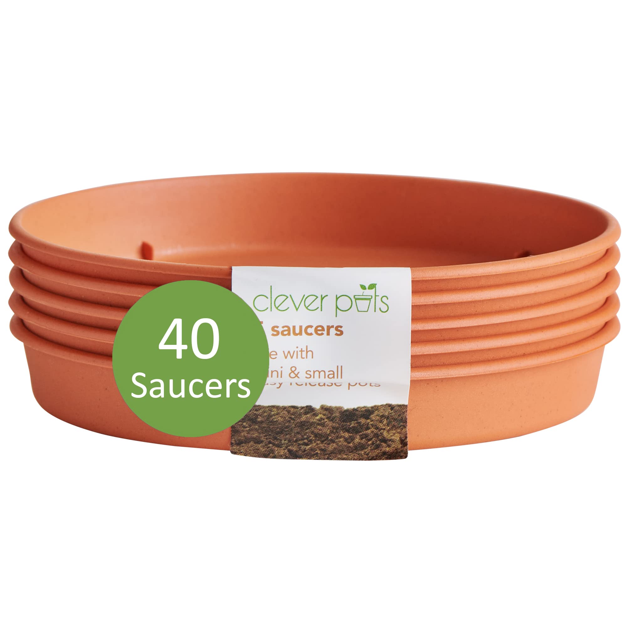 Clever Pots Plant Pot Saucers, 40x Round Saucers for use with Mini and Small Easy Release Pots, Indoor and Outdoor Plastic Plant Saucer, Weather Resistant & Lightweight Plant Saucers, Terracotta