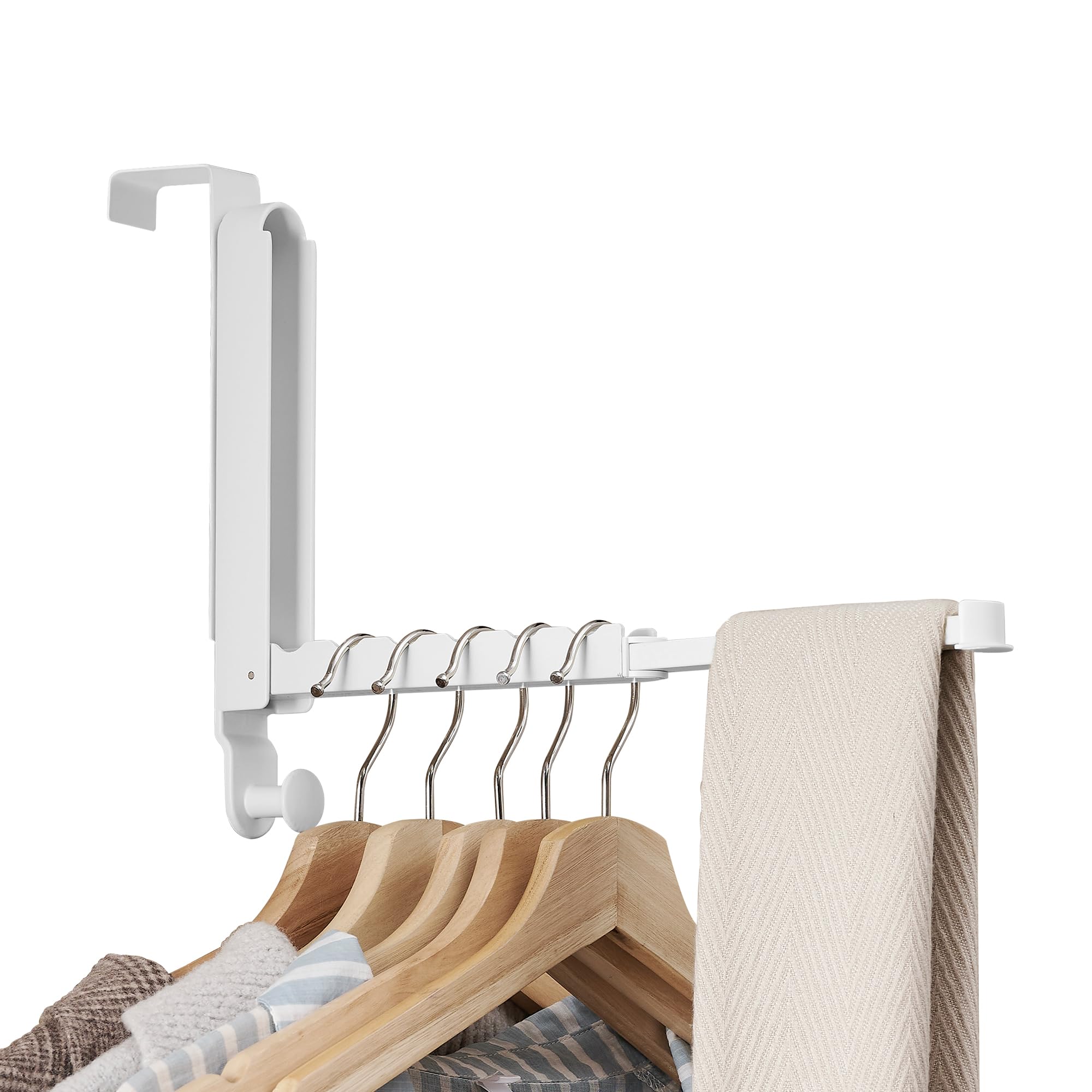 RFOUO Over Door Hanger Fit Door up to 3.7 cm Optimal 1pc,Coat Hooks for Door with Retractable Rod,Foldable Over Door Hooks for Bedroom Laundry Bathroom(White, 1 Pack)