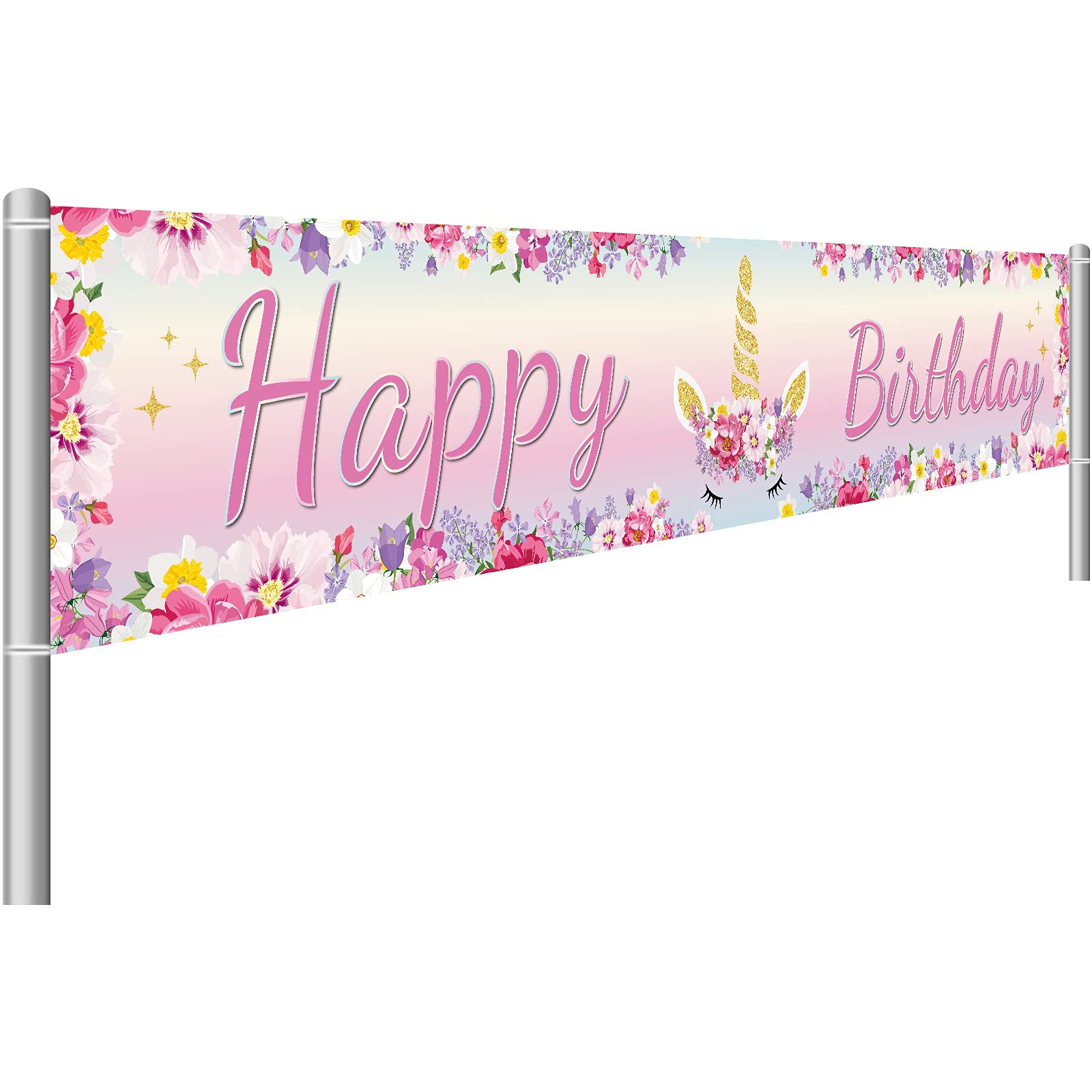 Large Unicorn Happy Birthday Banner 1.3 x 8.2 ft Huge Pink Unicorn Flowers Birthday Banner Floral Yard Sign Decorations for Outdoor Indoor Party Decor Backdrop