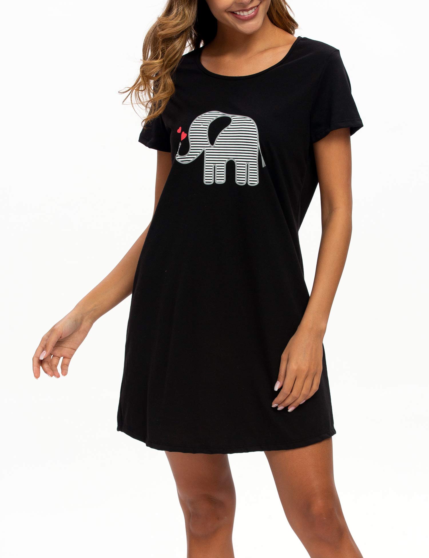 ENJOYNIGHT Womens Cotton Nightgown Short Sleeves Sleepwear Casual Print Sleepshirts (Black, Large/X-Large)