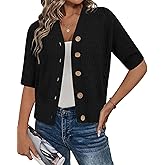Arach&Cloz Womens Lightweight Cardigan Short Sleeve Shrugs Button Crochet Knit Fashion Sweaters Tops Cozy Clouds