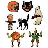 Beistle Vintage Halloween Window Clings, 28 Classic Icons on 4 Sheets, 12&rdquo; x 17&rdquo; Sheet, Cat Face, Moon, Ghost, Pumpkin Head Scarecrow, Scratch Cat, Goblin &amp; Witch Characters