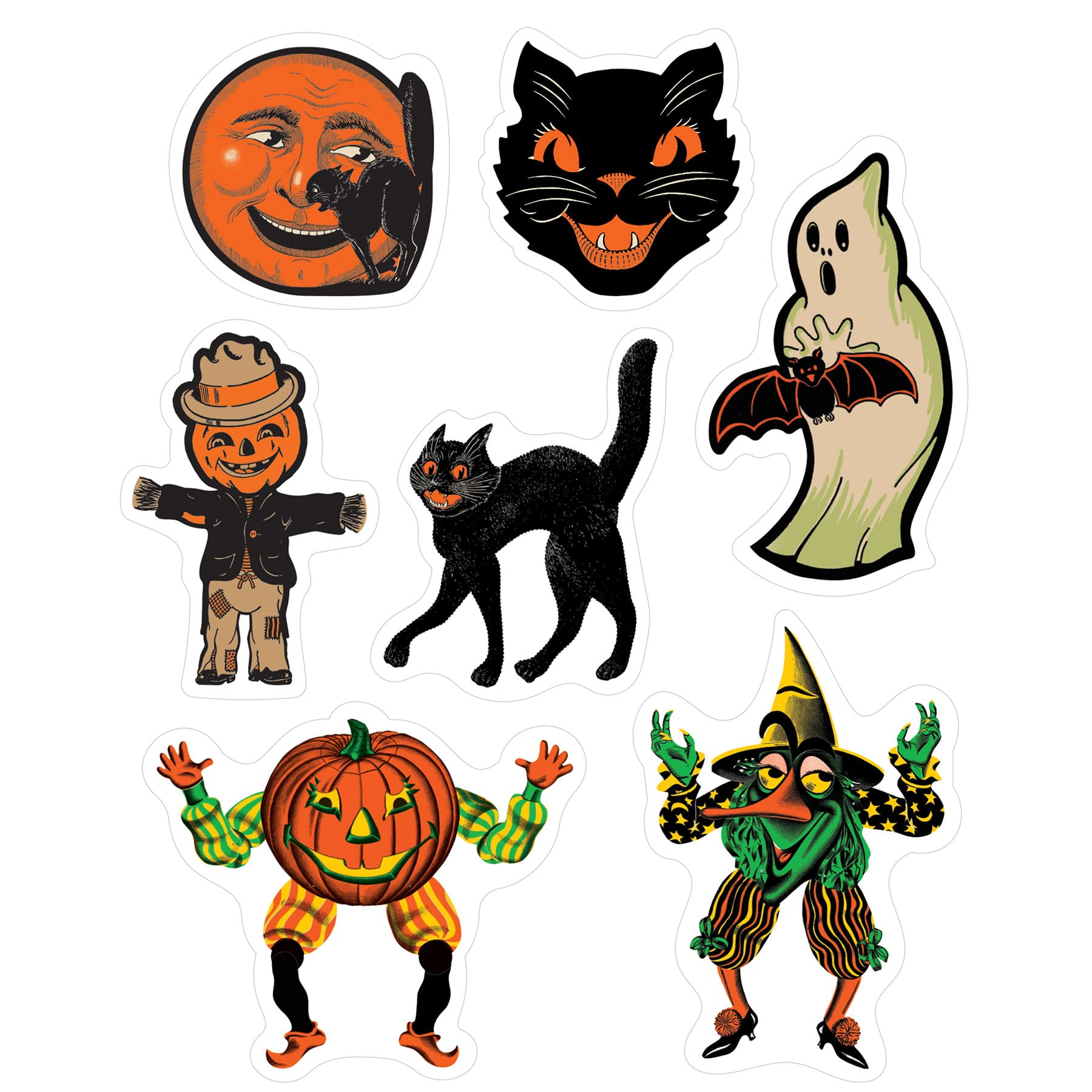 Photo 1 of Beistle Vintage Halloween Window Clings, 28 Classic Icons on 4 Sheets, 12” x 17” Sheet, Cat Face, Moon, Ghost, Pumpkin Head Scarecrow, Scratch Cat, Goblin & Witch Characters