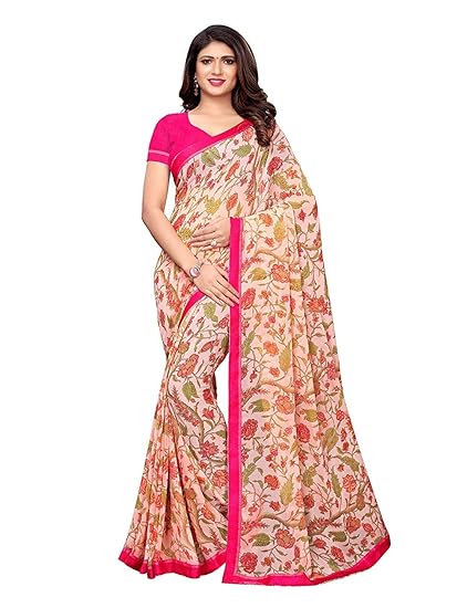RAJESHWAR FASHION WITH RF Womens Georgette Saree With Unstitched Blouse Piece (A32 PINK FLOWER_Pink)