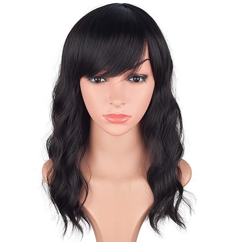 Speedm Medium Long Wavy Synthetic Wigs With Bangs For Black Women