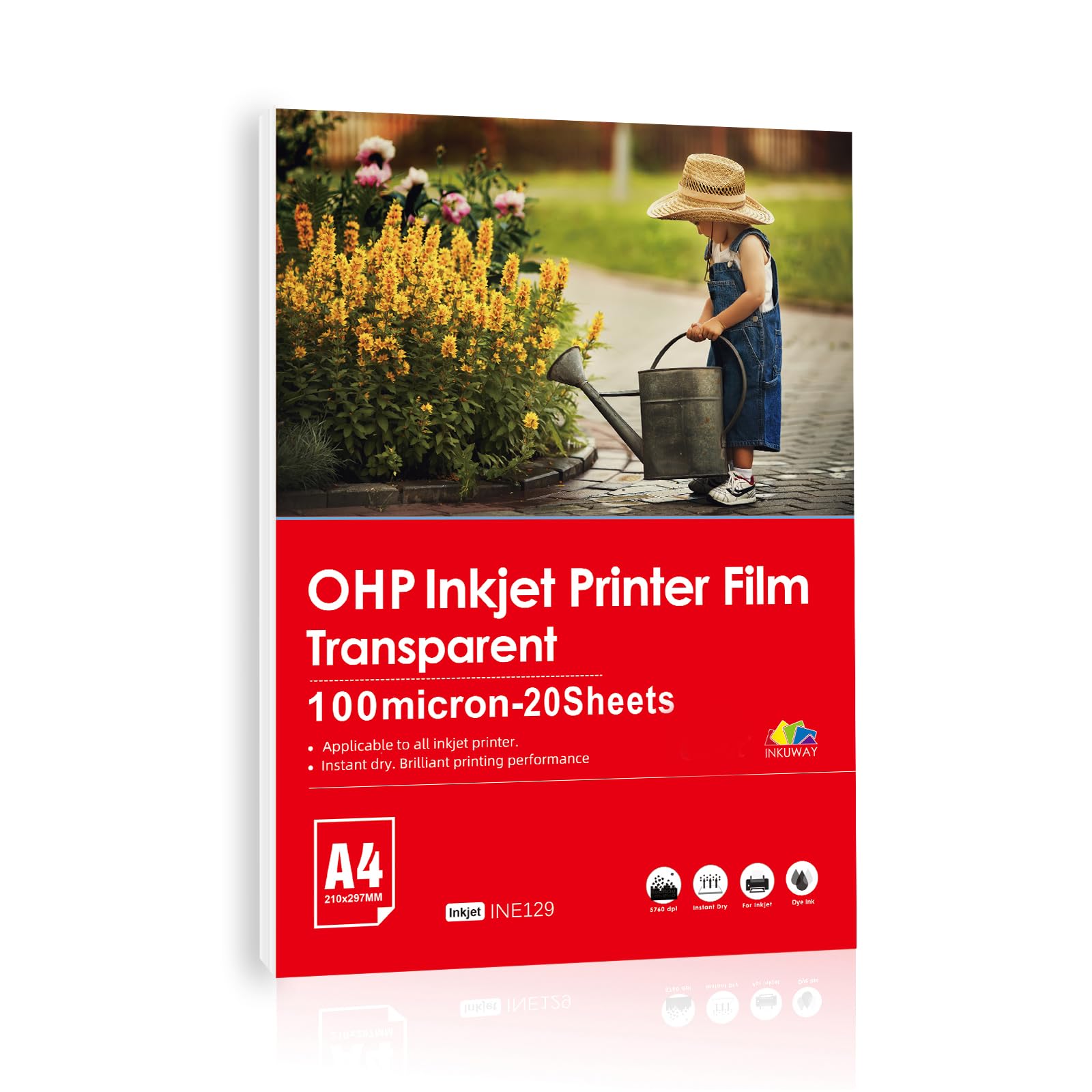 INKUWAY A4 Transparent Inkjet OHP Film with Senser Trip for Inkjet Printer 20sheets for use of Image and Design Printing