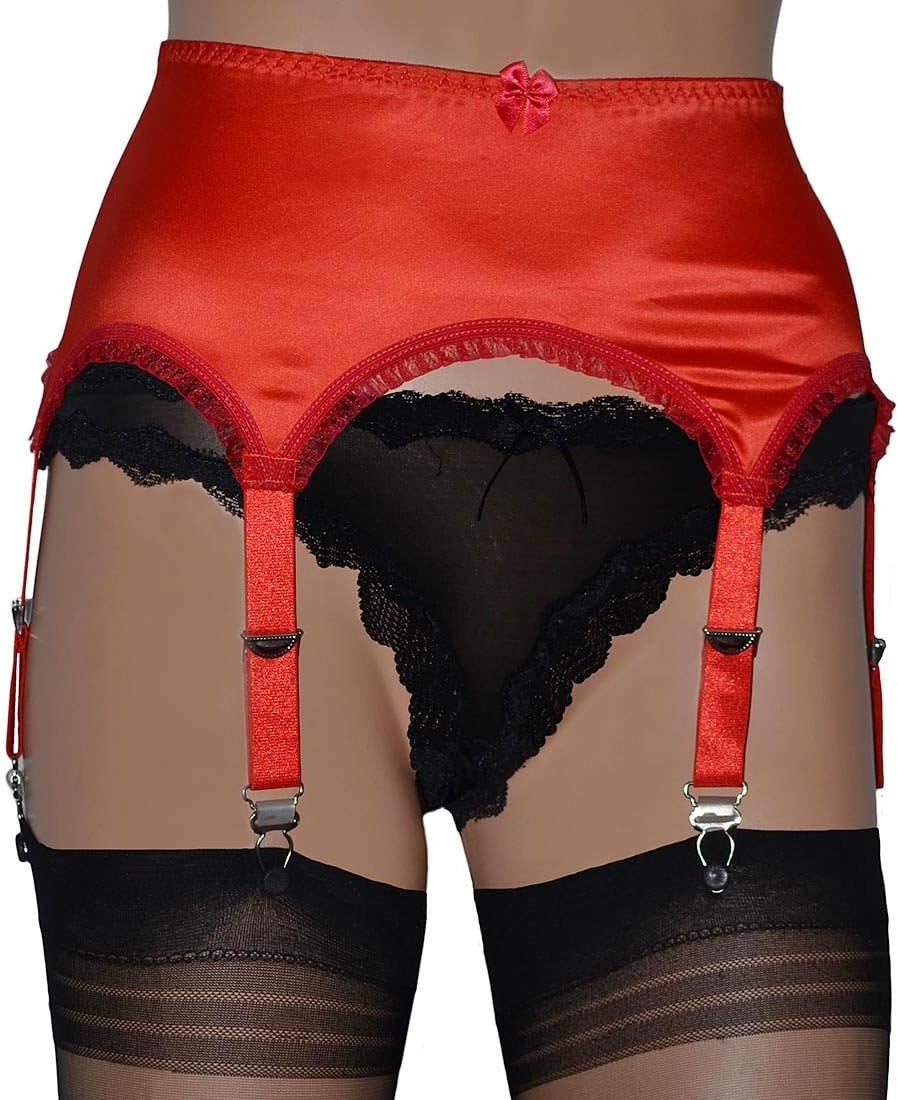 Satin 6 Strap Suspender Belts in White, Red or Black Sizes S, M, L, XL or XXL