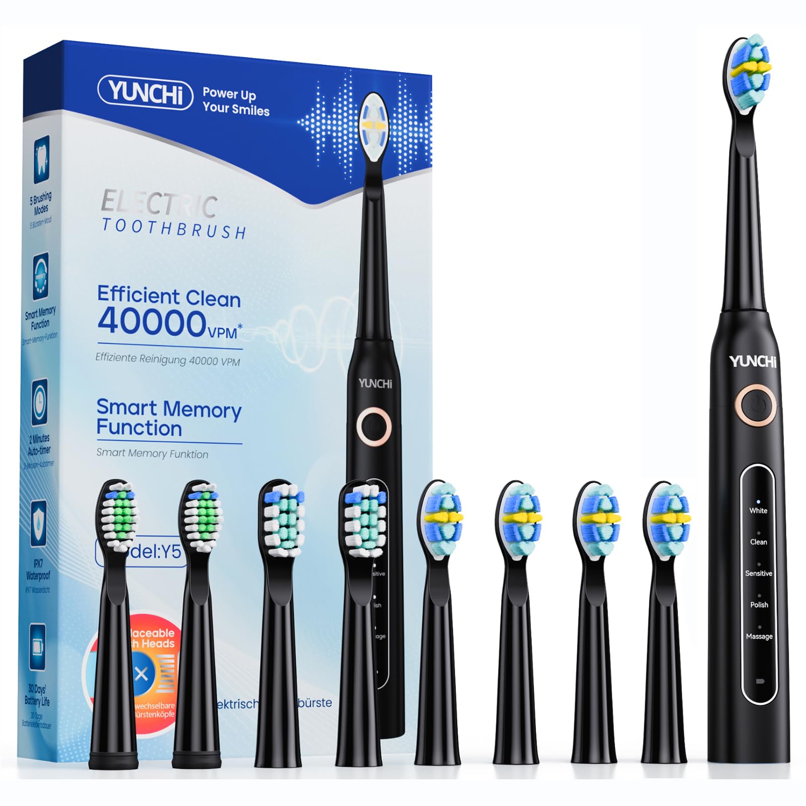 Photo 1 of YUNCHI Electric Toothbrush for Adults, Battery Toothbrush, Rechargeable Sonic Electric Tooth Brush with 8 Brush Heads, 5 Modes & 2 Minutes Smart Timer, IPX7 Waterproof, One Charge for 30 Days, Black