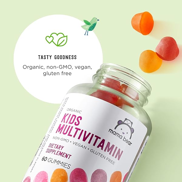 AMAZON BRAND – MAMA BEAR ORGANIC KIDS MULTIVITAMIN GUMMIES, BERRY, CHERRY & ORANGE, 60 COUNT, 1 MONTH SUPPLY (PACKAGING MAY VARY)