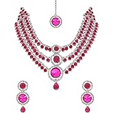 I Jewels Silver Plated Indian Bollywood Wedding Multi-Layer Round Stone Necklace Jewellery With Earrings & Maang Tikka Set for Women (Silver Pink)