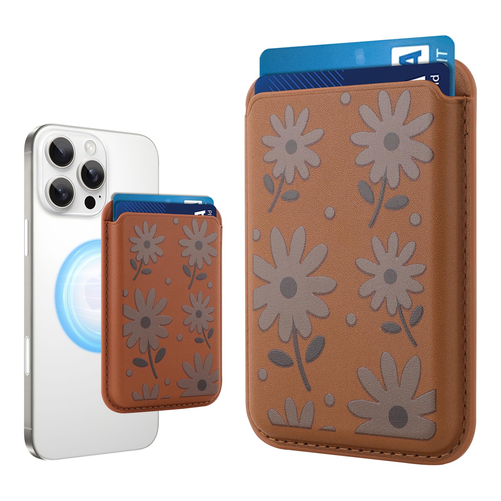 MOWIME Compatible with MagSafe Wallet, Cute Daisy Floral Pattern for Women Girls, Stronger Magnetic Card Holder Phone Wallet for iPhone 16/15/14/13/12 Series, Fit 2 Cards, Brown