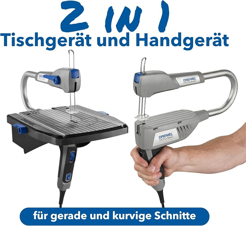 MS20 Moto-Saw Dekupiersäge, Kompakte 2-in-1-Tischkreissäge (70 W) mit 1 Zubehörteil und 5 Sägeblättern für seitliche und lange Schnitte in Weiches Holz, Laminat und Kunststoff
