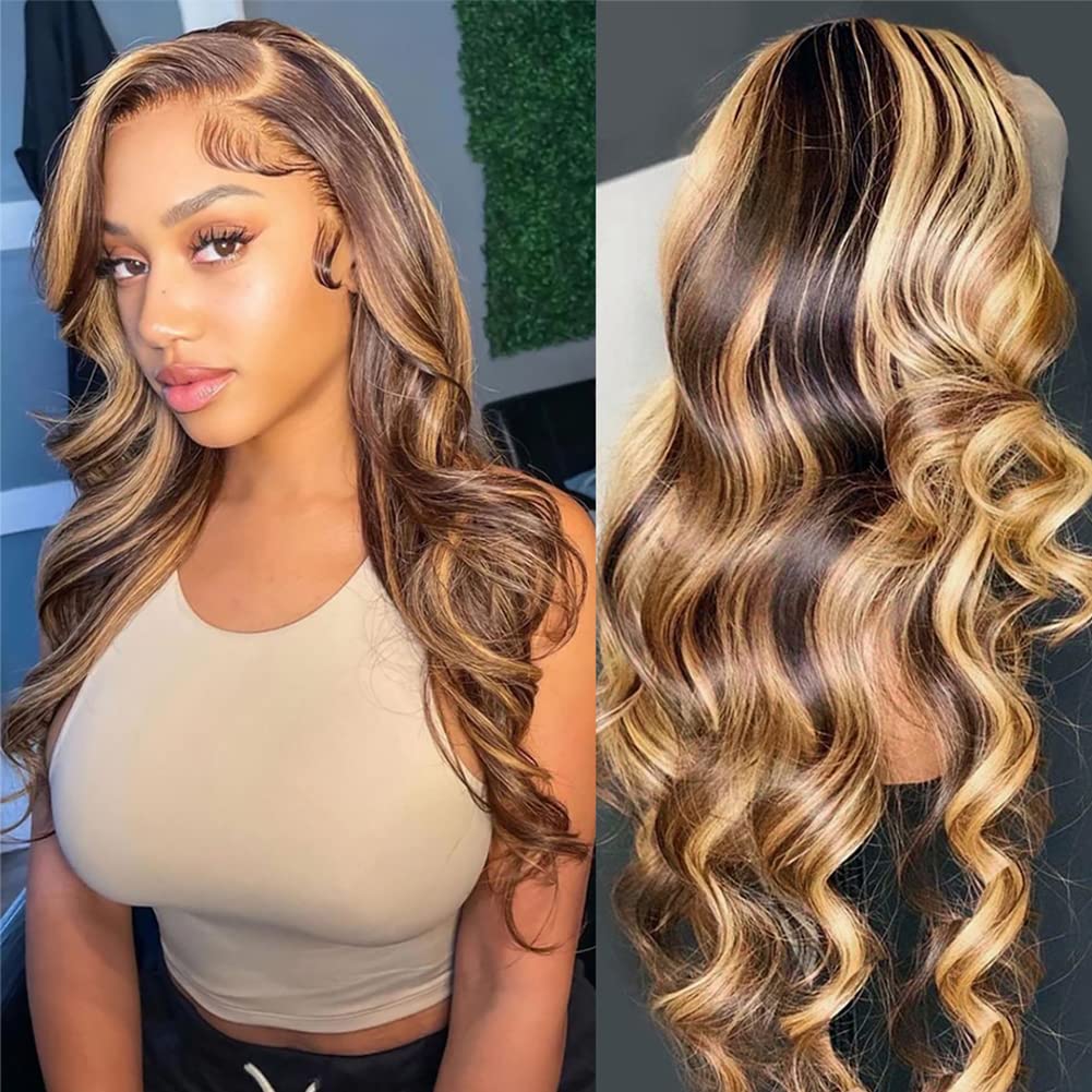 Highlight Lace Front Wig Human Hair Ombre 13X4 Transparent P4/27 Colored Honey Blonde Lace Front Wigs For Women Body Wave 200% Real Human Wigs Glueless Wigs Pre Plucked with Baby Hair 18 Inch