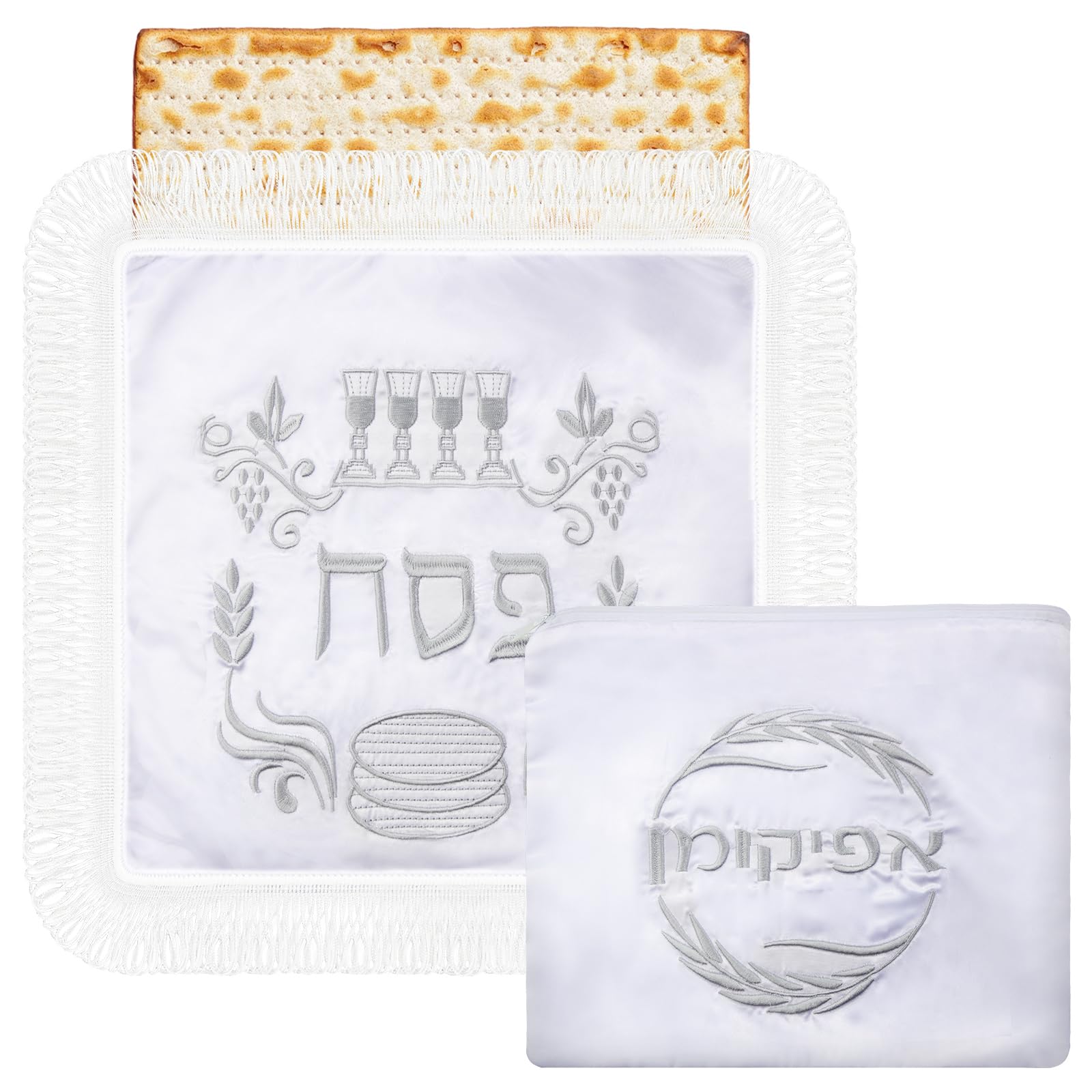 Photo 1 of Shinylin 2 Pcs Passover Afikoman Bags Set Passover Seder Afikomen Holder Rustic Matzah Afikoman Cover Bags 11" Square Satin Matzo Cover with 3 Layer for Pesach Jewish Holiday Party Decor Gifts(Silver)
