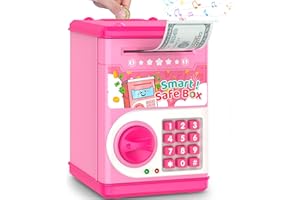 LJZJ Pink Piggy Bank for Kids with Password Code Lock and Auto Grab Bill Slot, PhilaeEC Real Money Cash Coin Can Saving Box Electronic Money Safe Bank, Hot Gift for 4 7 8 9 10 11 Year Old Boys Girls