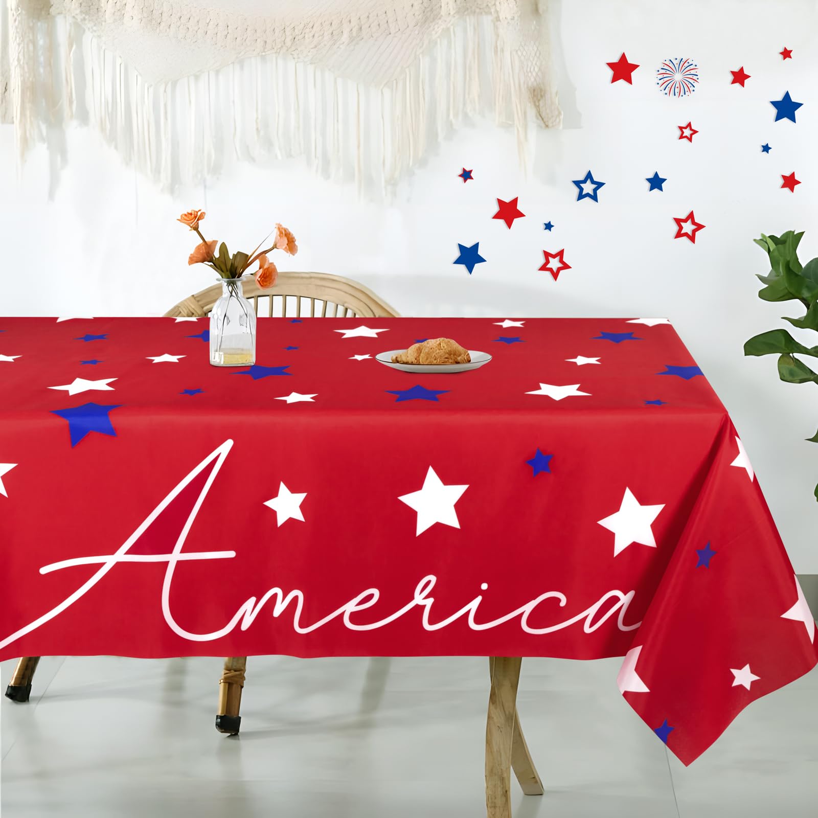 Photo 1 of Tieshankao 4th of July Tablecloth Decorations 60x84 Inch - Patriotic American Stars Table Cover for Independence Day Memorial Day Party Decor (Red)