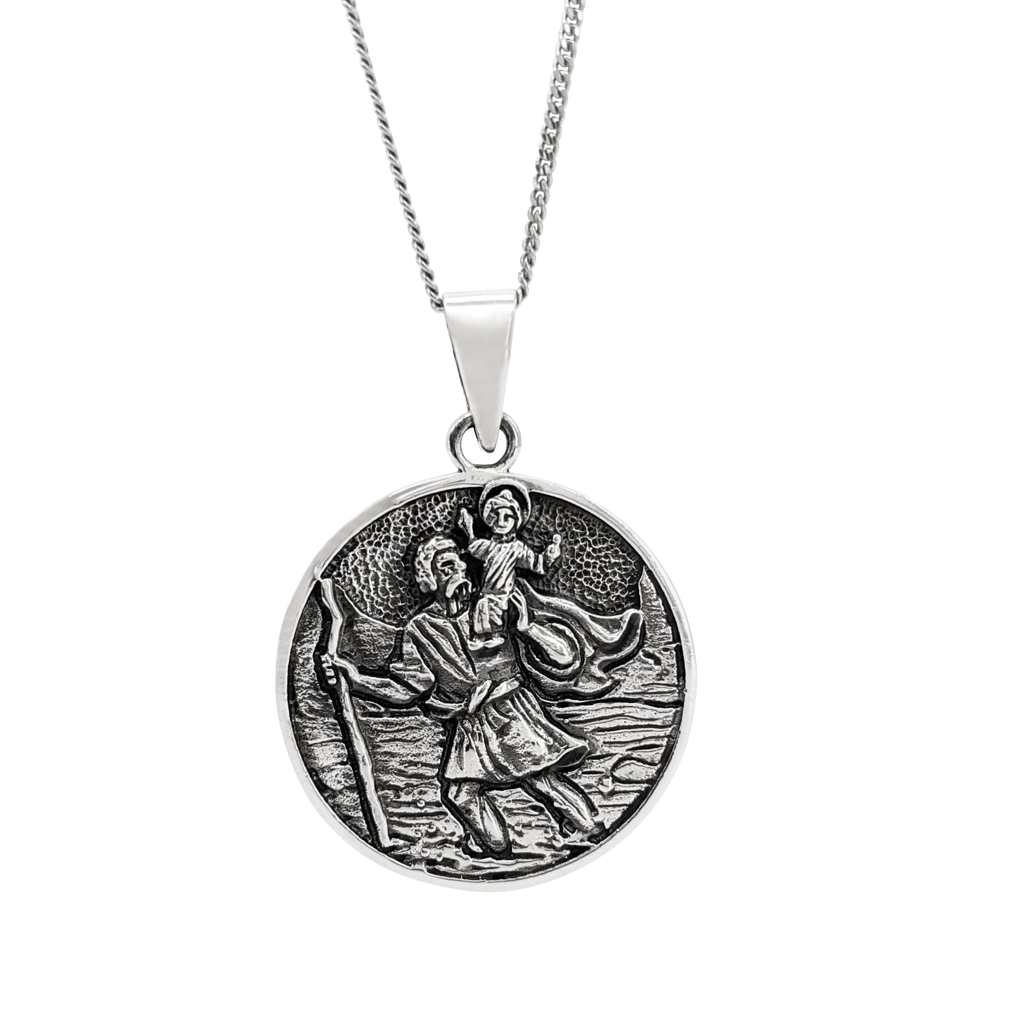 81stgeneration Sterling Silver Large St Christopher Medallion Necklace for Men and Women - 925 Silver Saint Relief Coin on 18" Curb Chain - Classic Faith Jewellery for Protection - Gift for Travellers
