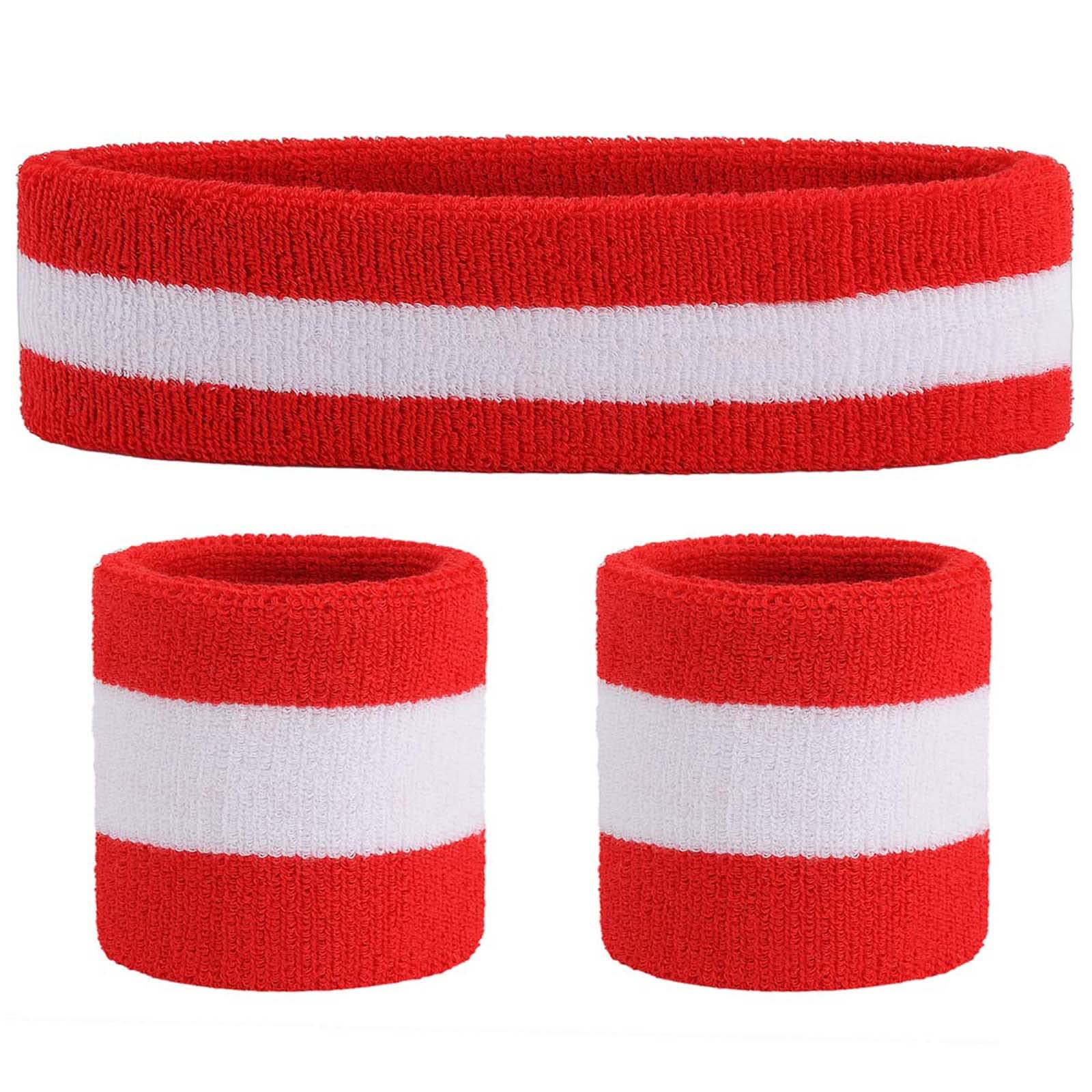 ONUPGO Sweatband Set (3 Pieces) Sports Headband Wrist Striped Sweatbands Terry Cloth Wristband Athletic Exercise Basketball Wrist Sweatband and Headbands Moisture Wicking Sweat Absorbing Head Band