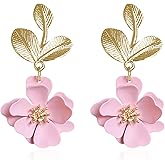 Aishgjia Boho Flower Earrings for Women Cute Dangle Drop Gold Leaf Floral Studs Hook Statement Jewelry Sweet Earrings