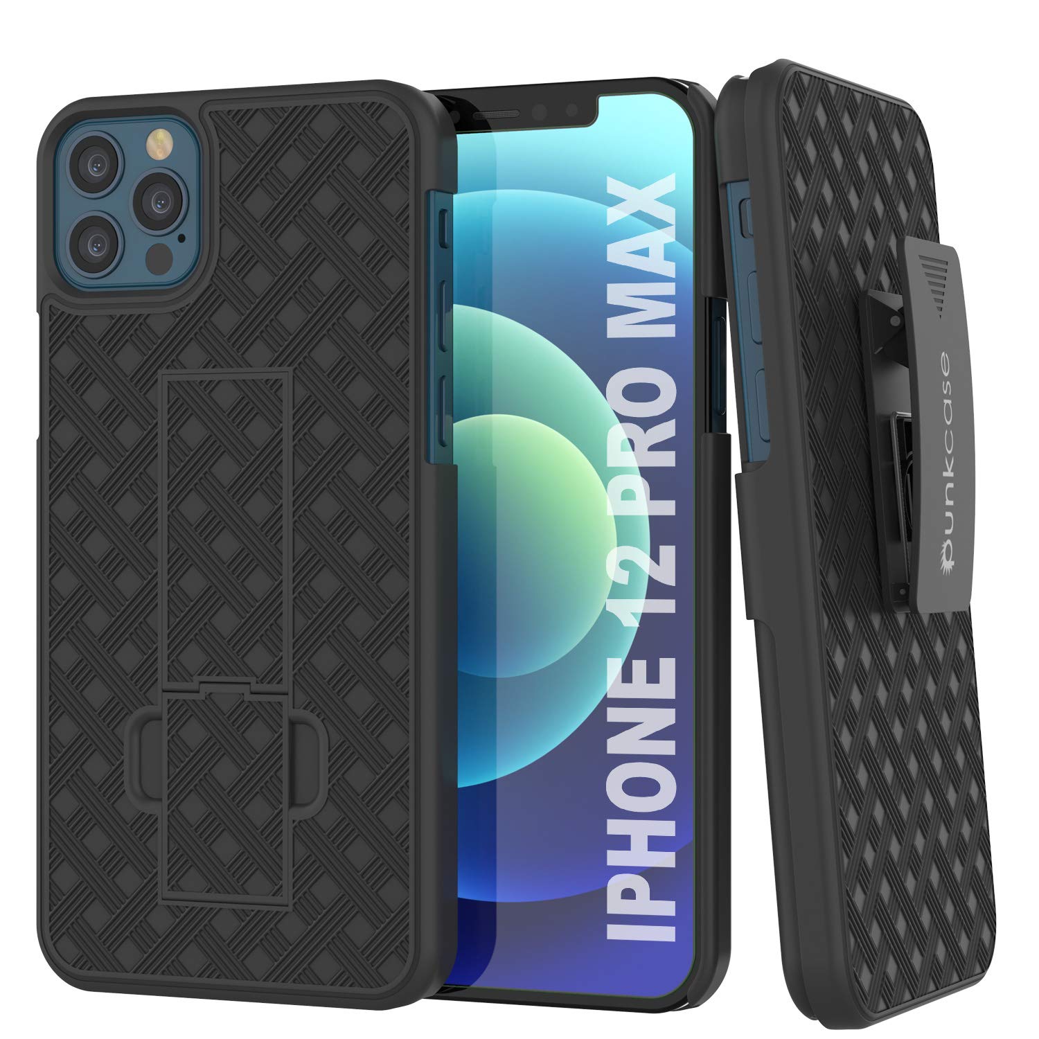 PunkCase iPhone 12 Pro Max Holster Belt Clip Case W/Screen Protector & Built-in Kickstand | Dual Layer Hybrid TPU 360 Full Body Protection [Slim Fit] for iPhone 12 Pro Max (6.7") [Black]
