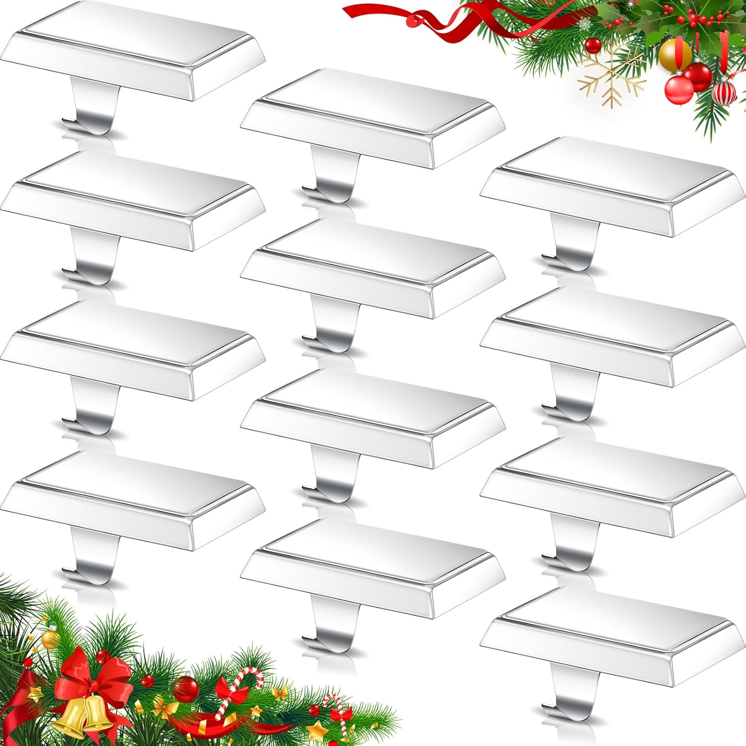 Ornament Hooks - Yexiya 12 Pcs Christmas Stocking Hangers for Stairs Mantel Metal Garland Holders Weighted Fireplace Hanger Xmas Stocking Hanging Hooks DIY Blank Stocking Holders Bases for Holiday Counter (Silver)