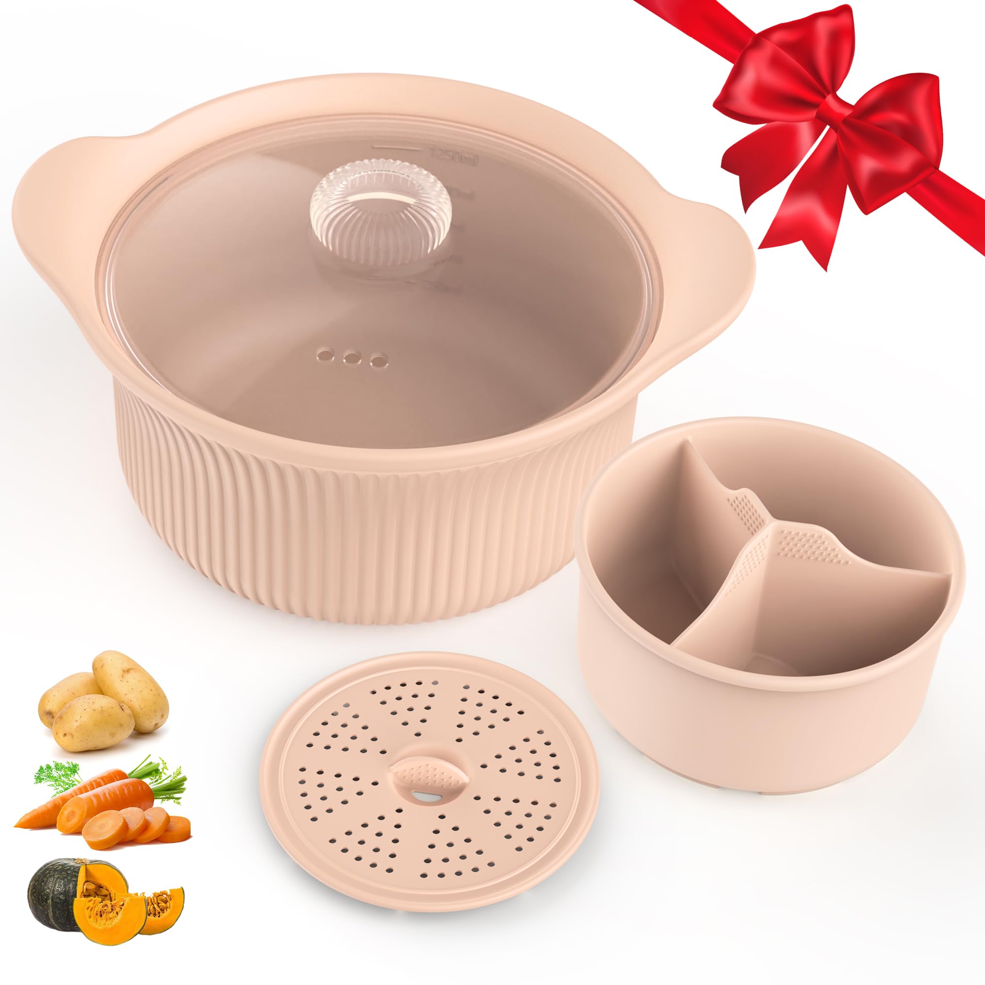 Photo 1 of 42oz Microwave Silicone Steamer 3 Compartmented for Vegetables/Fish/Baby Food, Oven & Dishwasher Safe, Easy Clean, Microwave Pot with Handle & Lid, Korea Design 100% Food Grade (Pink, with basket)