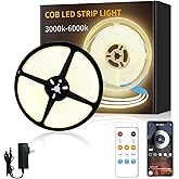Yeewhale COB LED Strip Lights 50ft,3000K DC 24V Dimmable Warm White Flexible LED Rope Lights for Bedroom,with Remote and app Control LED Lights Strip for Living Room, Shelf, Cabinet