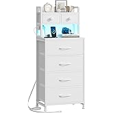 REAHOME 41 Inch Tall Nightstand with Charging Station, LED Night Stand with 6 Fabric Drawers, Bed Side Table with 3-Tier Wood Storage Shelves for Bedroom, Office, Small Spaces, White
