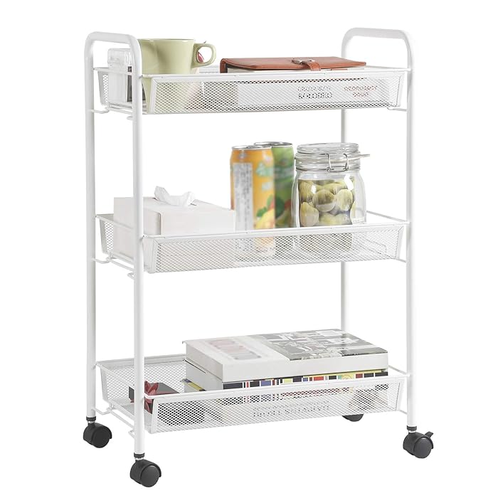 DESIGNA Rolling Household Trolley Cart, 3 Tier Slim Mesh Wire Utility Carts with Easy Moving Wheels, Steel Wire Shelves Storage Cart for Home Kitchen Bathroom Multi-Function, White