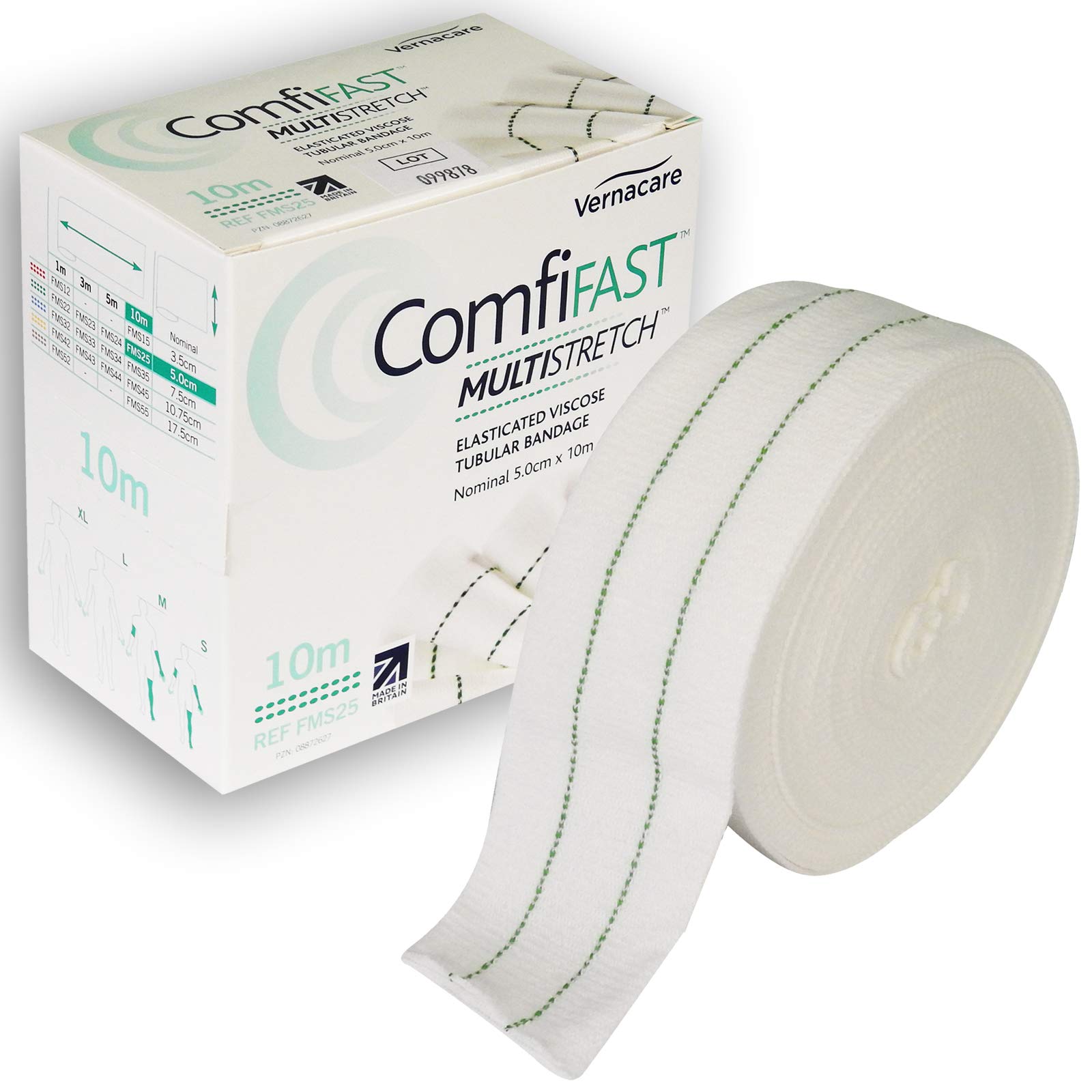 Comfifast Elasticated Multistretch Tubular Viscose Bandage - for Medium Limbs, Green Line 5cm (for Limb Circumference 10-25cm) - 10m Roll