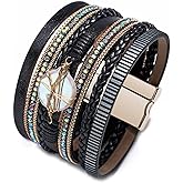 Caiyao Multilayer Bohemian PU Leather Wrap Bracelet Bangle Evil Eye Infinity Crystal Rhinestone Bead Heart Wristband Bracelet for Women Men Boho Cuff Jewelry Gift-J black