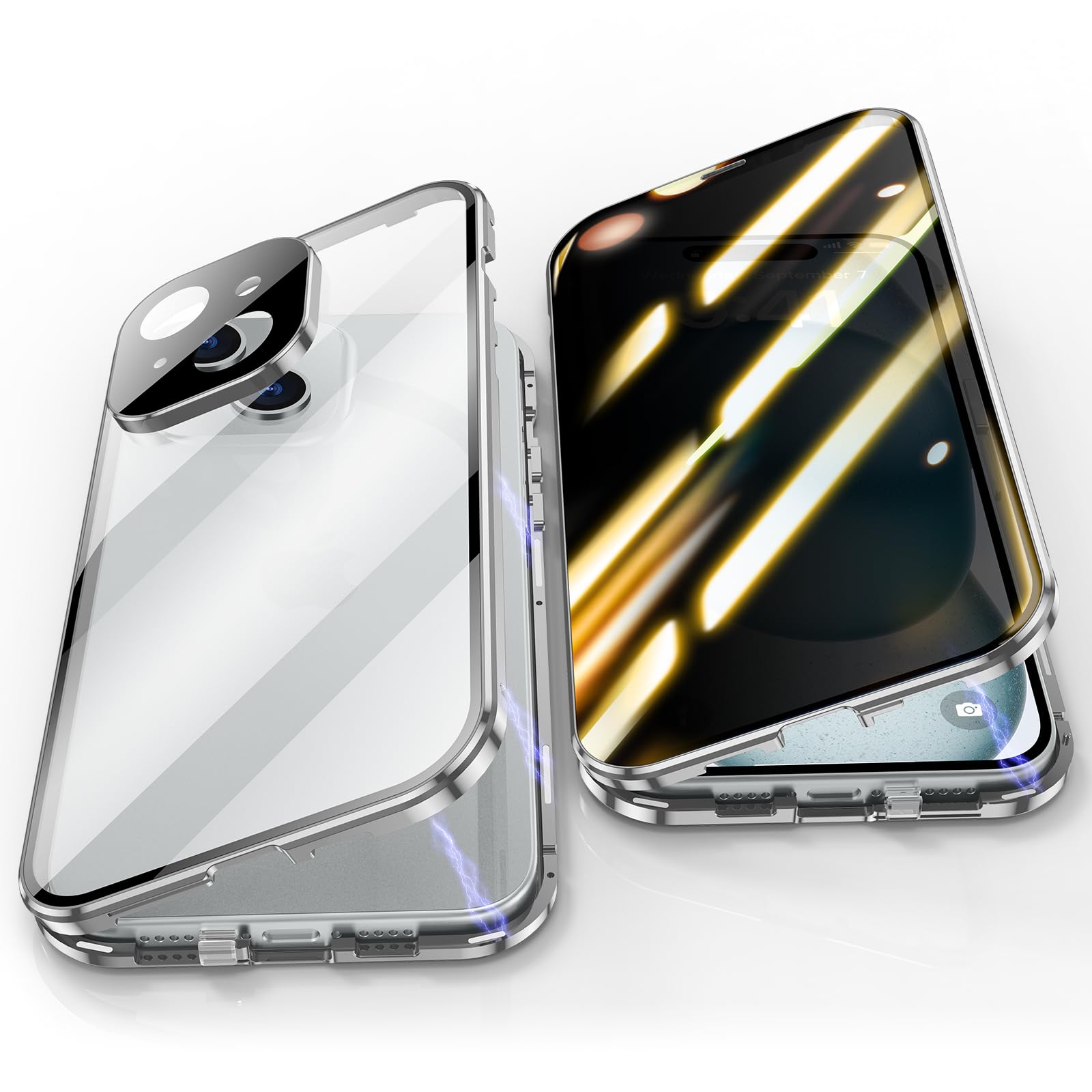 Jonwelsy Anti Peeping Case for iPhone 15 Plus (6.7"), 360 Degree Front and Back Privacy Tempered Glass Cover, Anti SPY Screen, Anti Peep Magnetic Adsorption Metal Bumper for iPhone 15+ (Silver)