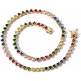 Rainbow Heart Tennis Chain Necklace, 18 Inch Iced Out CZ Crystal Colorful Choker, Trendy Hip Hop Jewelry Gift for Women