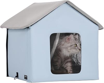 Maison Chat Chauffante, Niche Chat Extérieur avec Coussin Chauffant, Température Réglable, Minuterie, Abri Hiver pour Chats Pliable en Tissu Oxford 600D Confortable pour Rester au Chaud, Bleu, S