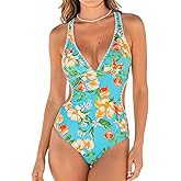 CUPSHE Women's One Piece Swimsuit Deep V Neck Bathing Suit Cutout Crisscross Back Adjustable Straps Self Tie Stitching
