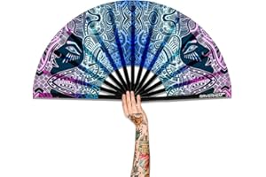 Raveahem UV Glow Rave Fan, Bamboo Folding Clack Hand Fan for Men Women (Kaleidoscope Girls, Large 13")