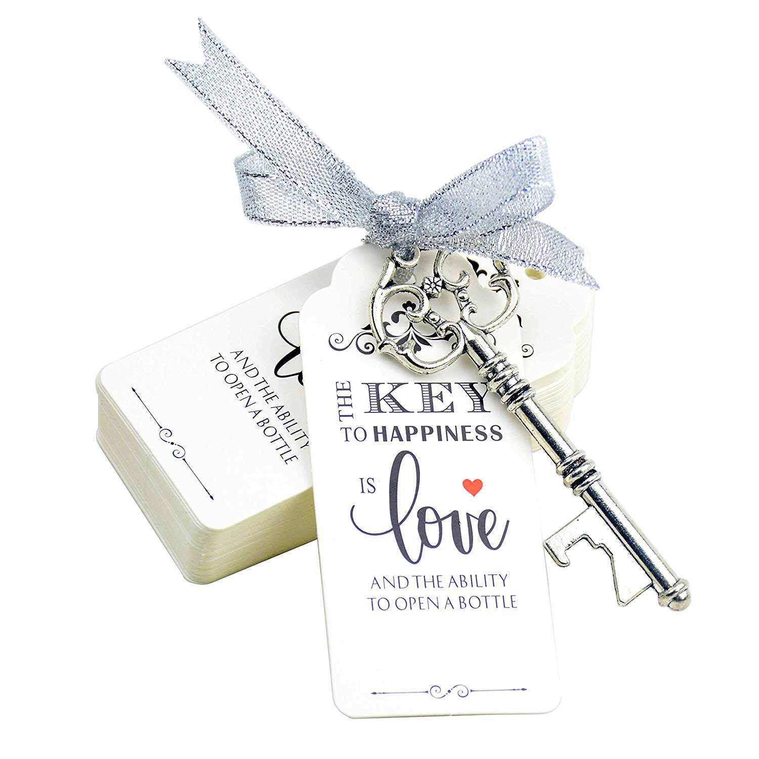 Aokbean 52pcs Antique Skeleton Key Bottle Opener Wedding/Party Favor Guest Souvenir Gift Set with Escort Thank You Tag Card and Ribbon(Antique Silver)