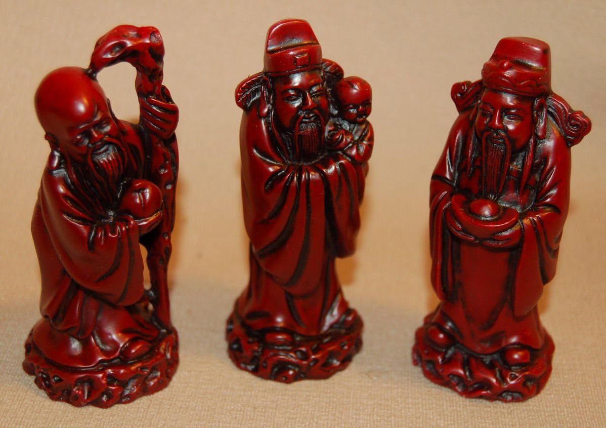 4" Chinese Red Resin Wisemen Figurine Sculpture - Set of 3